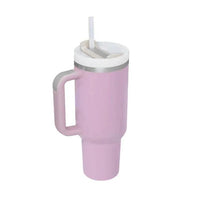 Mandotos 40 oz stainless steel insulated tumbler with handle, straw, spill-proof lid, tapered design, ideal for travel, gym, or office.