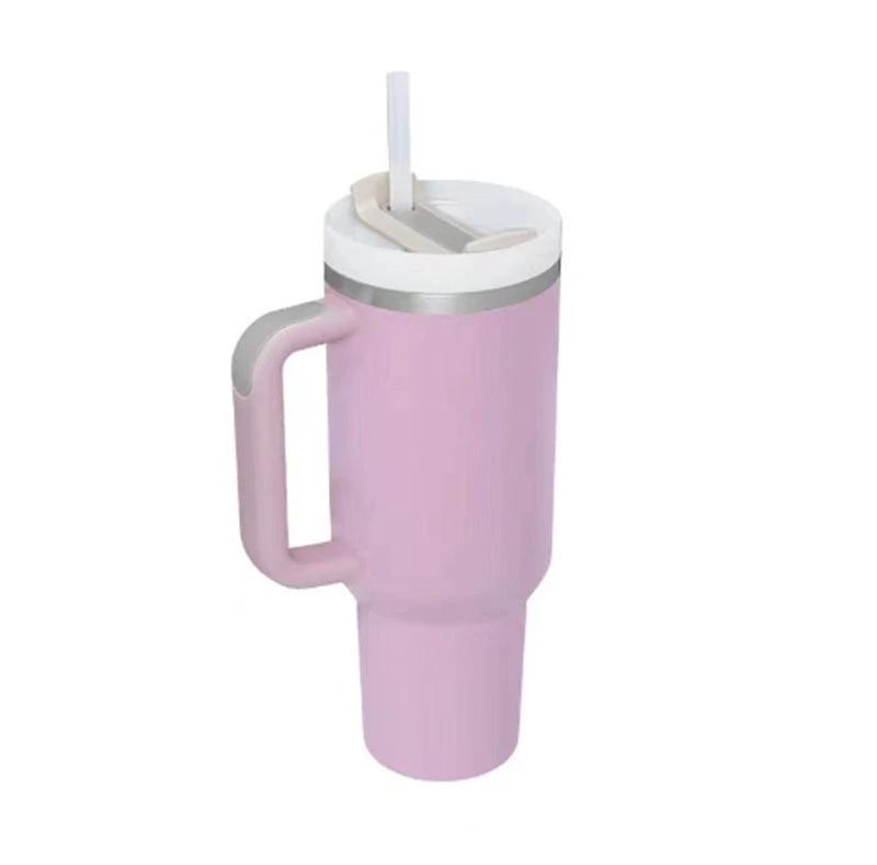 Mandotos 40 oz stainless steel insulated tumbler with handle, straw, spill-proof lid, tapered design, ideal for travel, gym, or office.