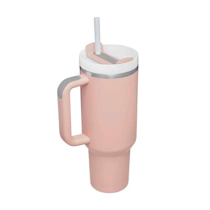 Mandotos 40 oz insulated stainless steel tumbler with handle, straw, spill-proof lid, tapered design for coffee, travel, or gym use.