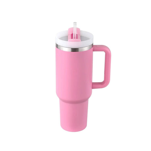 Mandotos 40 oz stainless steel insulated tumbler with handle, straw, spill-proof lid, tapered design, suitable for travel, gym, and office.