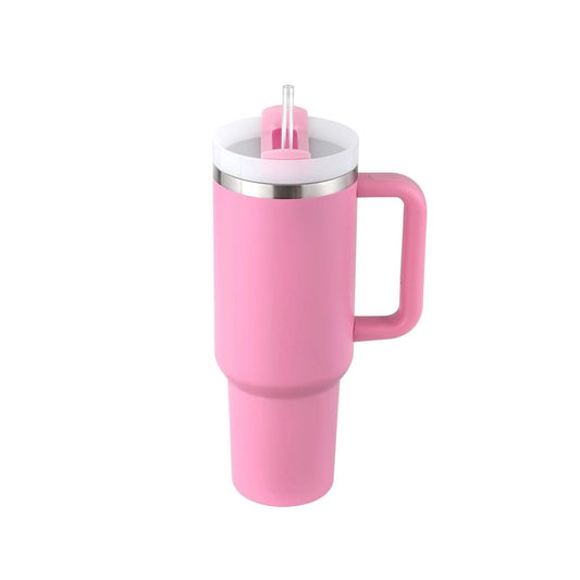 Mandotos 40 oz stainless steel insulated tumbler with handle, straw, spill-proof lid, tapered design, suitable for travel, gym, and office.