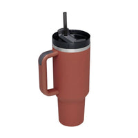 Mandotos 40 oz insulated stainless steel tumbler with handle, straw, spill-proof lid, tapered design, suitable for travel, gym, and office.