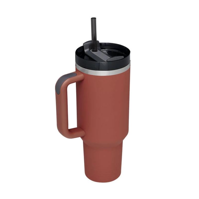 Mandotos 40 oz insulated stainless steel tumbler with handle, straw, spill-proof lid, tapered design, suitable for travel, gym, and office.