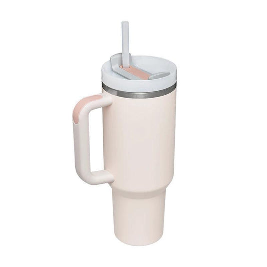 Mandotos 40 oz insulated stainless steel tumbler with handle, straw, spill-proof lid, perfect for coffee, travel, gym, and office.