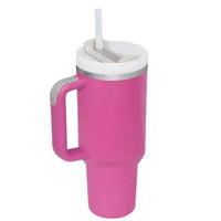 Mandotos 40 oz stainless steel insulated tumbler with handle, straw, spill-proof lid, tapered design for coffee, travel, or gym use.