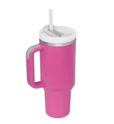 Mandotos 40 oz stainless steel insulated tumbler with handle, straw, spill-proof lid, tapered design for coffee, travel, or gym use.