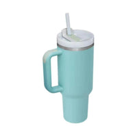 Mandotos 40 oz insulated stainless steel tumbler with handle, straw, spill-proof lid, tapered design, ideal for travel, gym, and office.
