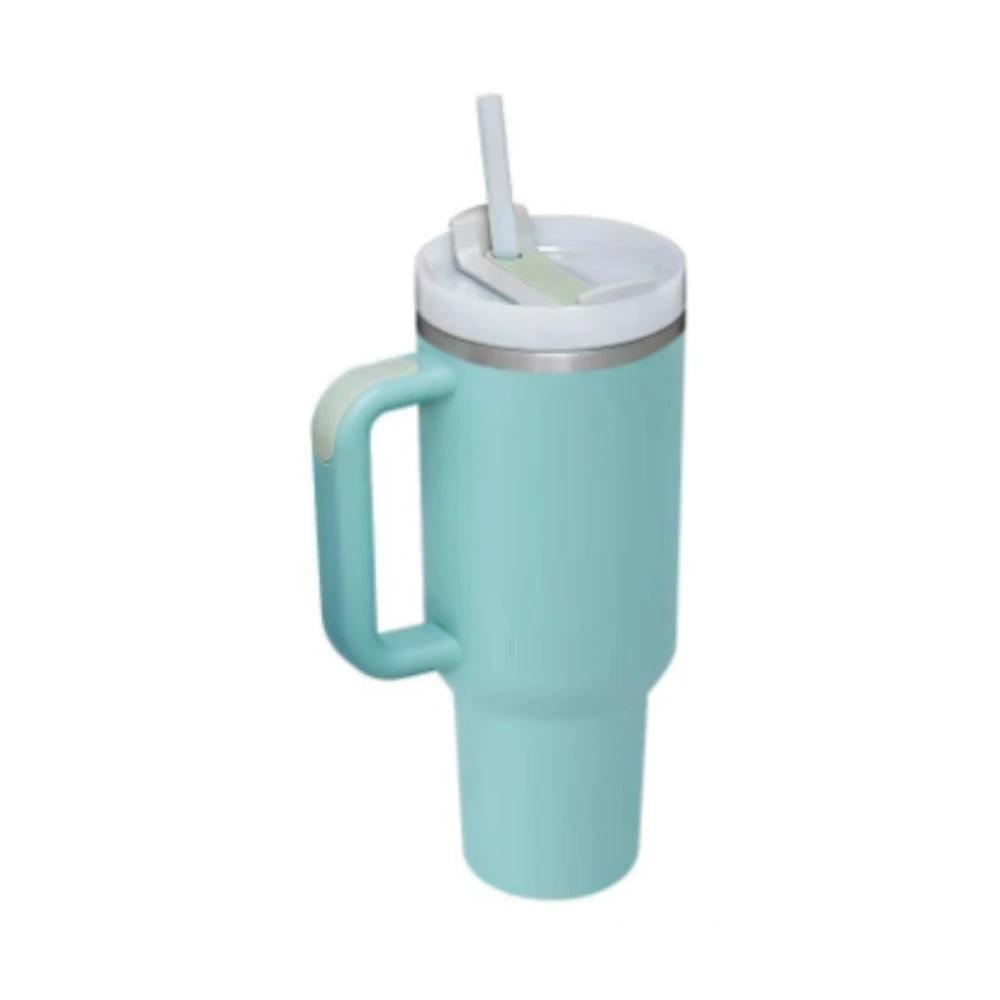 Mandotos 40 oz insulated stainless steel tumbler with handle, straw, spill-proof lid, tapered design, ideal for travel, gym, and office.