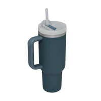 Mandotos 40 oz insulated stainless steel tumbler with handle, straw, spill-proof lid, ideal for travel, gym, or office use.