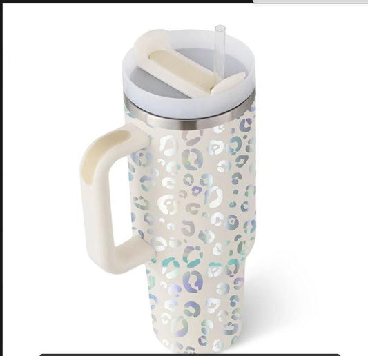 Mandotos 40 oz insulated stainless steel tumbler with handle, straw, spill-proof lid, ideal for coffee, travel, gym, and office use.