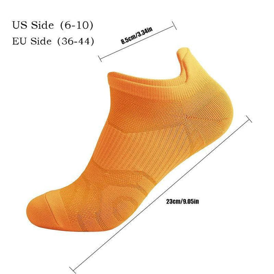 Eight pairs of MANDOTOS women's running socks with cushioning, breathable fabric, and anti-odor features for outdoor sports and hiking.