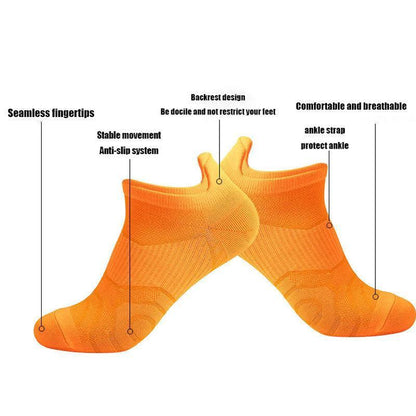 Eight pairs of MANDOTOS women's running socks showing cushioned, breathable, and anti-odor features for outdoor sports and hiking.