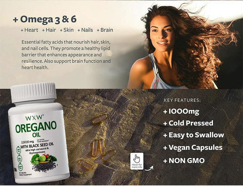 Mandotos black seed oil capsules in a clear bottle, showing the softgel capsules used for dietary health and wellness.