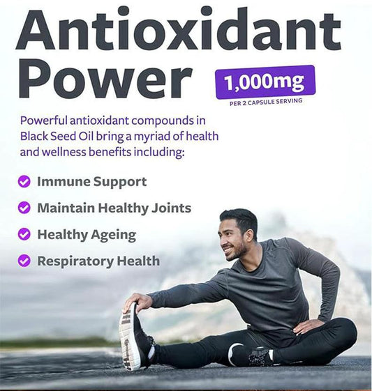 Mandotos black seed oil capsules in a clear bottle, showcasing the supplement for health and wellness benefits.