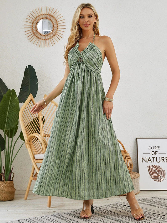Mandotos bohemian halter maxi dress for women, sleeveless and flowy, perfect for summer beach wear, with boho-style design.
