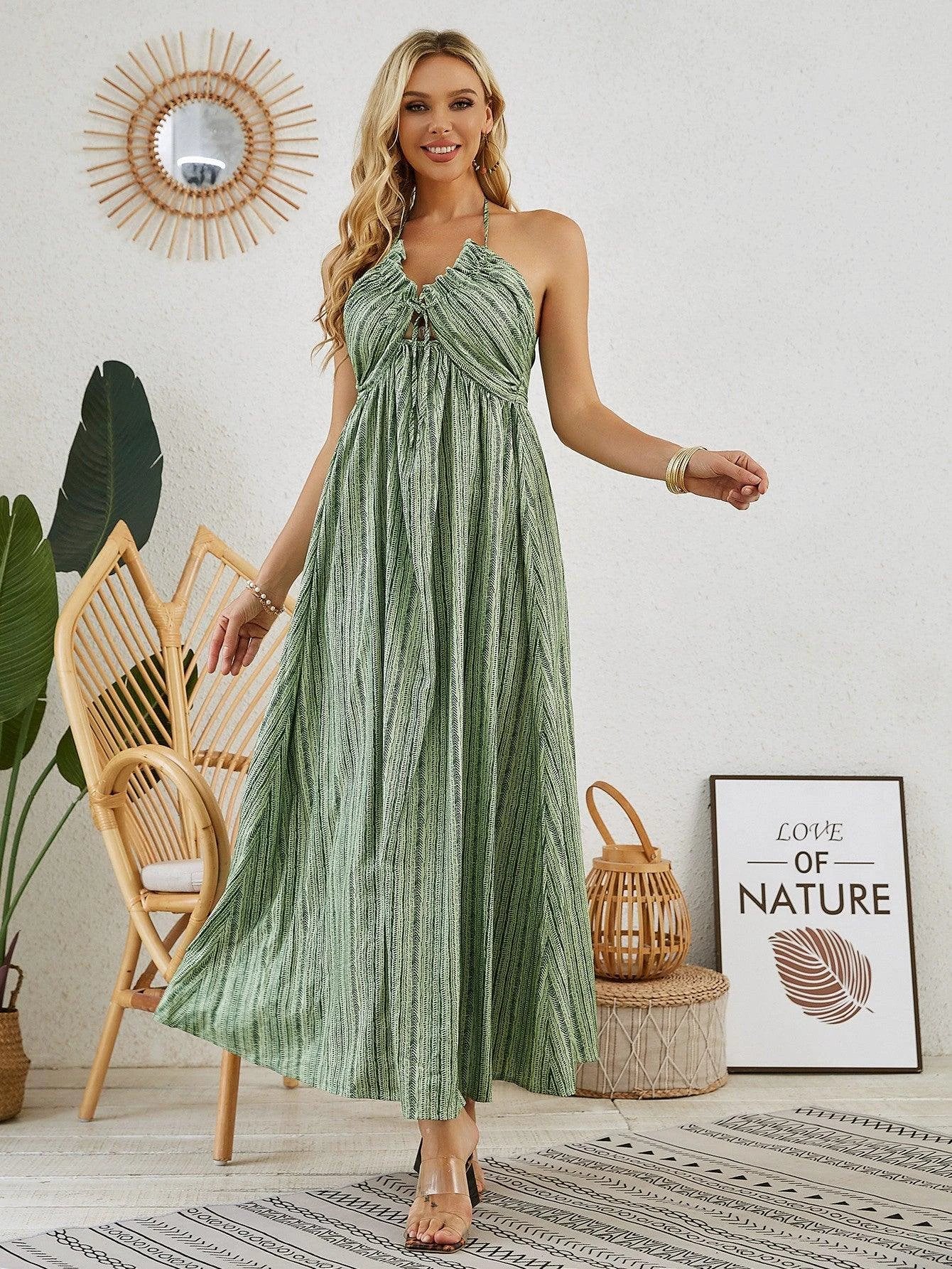 Mandotos bohemian halter maxi dress for women, sleeveless and flowy, ideal for summer beachwear and casual outdoor wear.