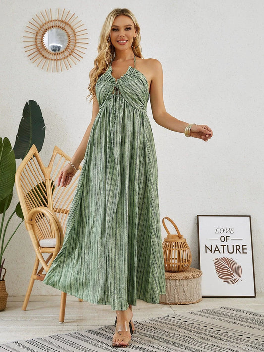 Mandotos bohemian halter maxi dress for women, sleeveless and flowy, ideal for summer beachwear and casual outdoor wear.