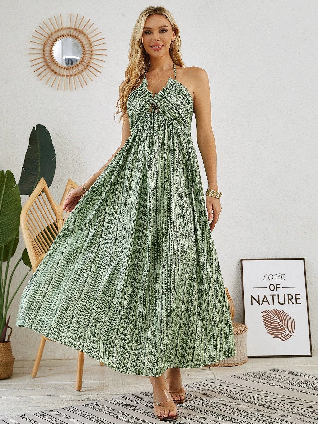 Mandotos bohemian halter maxi dress for women, sleeveless, flowy beach dress with a relaxed summer style.