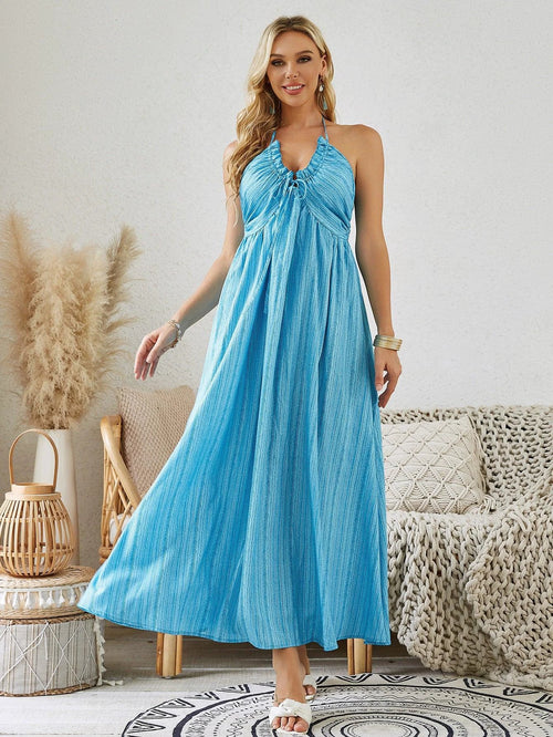 Mandotos bohemian halter maxi dress for women, sleeveless and flowy, ideal for summer beachwear and casual outdoor occasions.