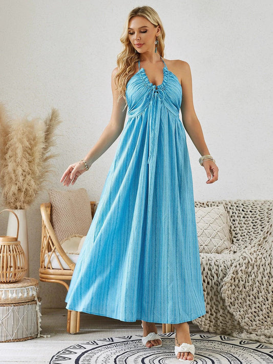 Mandotos bohemian halter maxi dress for women, sleeveless and flowy, perfect for summer beachwear and casual outdoor occasions.
