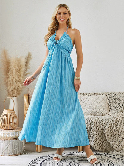 Mandotos bohemian halter maxi dress for women, sleeveless and flowy, perfect for summer beach wear, with a relaxed, boho style.