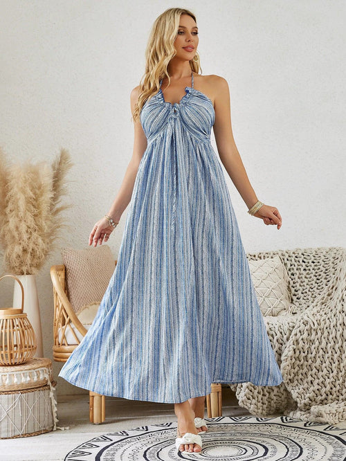 Mandotos bohemian halter maxi dress for women, sleeveless, flowy summer beach dress with vibrant print and relaxed fit.