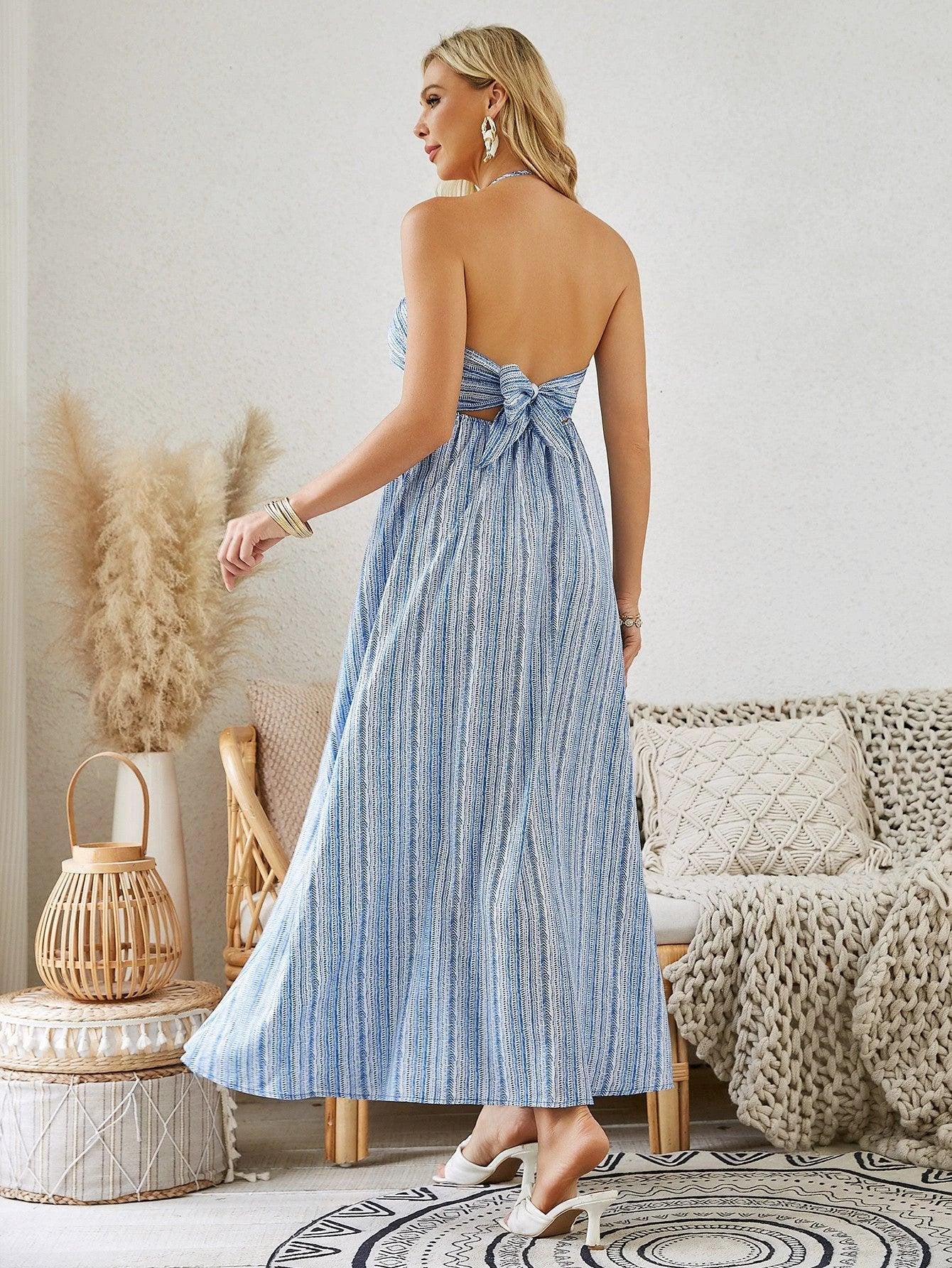Mandotos women's bohemian halter maxi dress, sleeveless and flowy, perfect for summer beachwear with a relaxed, stylish fit.