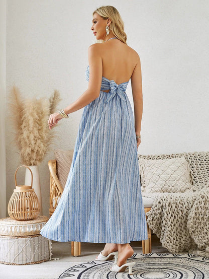 Mandotos women's bohemian halter maxi dress, sleeveless and flowy, perfect for summer beachwear with a relaxed, stylish fit.