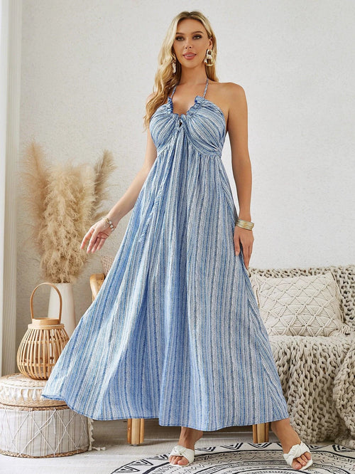 Mandotos bohemian halter maxi dress for women, sleeveless and flowy, perfect for summer beachwear.