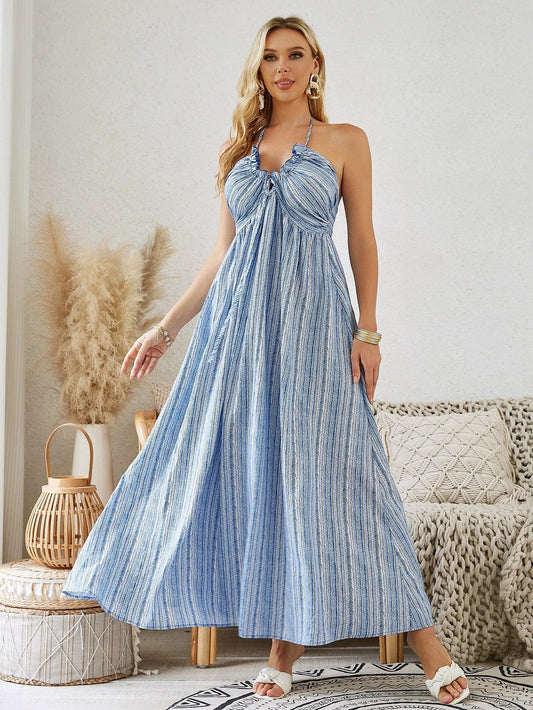 Mandotos bohemian halter maxi dress for women, sleeveless and flowy, perfect for summer beachwear.