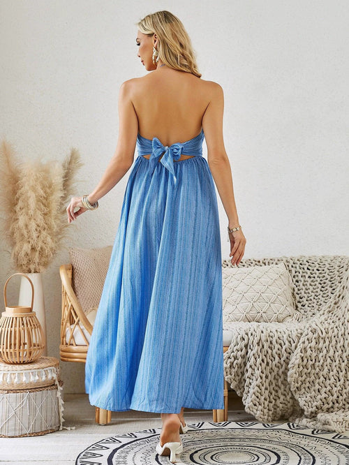 Mandotos bohemian halter maxi dress for women, sleeveless and flowy, perfect for summer beachwear and casual outdoor occasions.