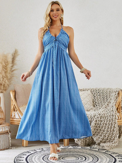 Mandotos women's bohemian halter maxi dress, sleeveless and flowy, perfect for summer beachwear and casual outdoor occasions.