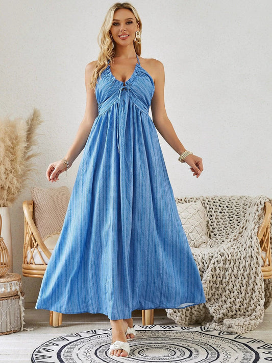 Mandotos women's bohemian halter maxi dress, sleeveless and flowy, perfect for summer beachwear and casual outdoor occasions.