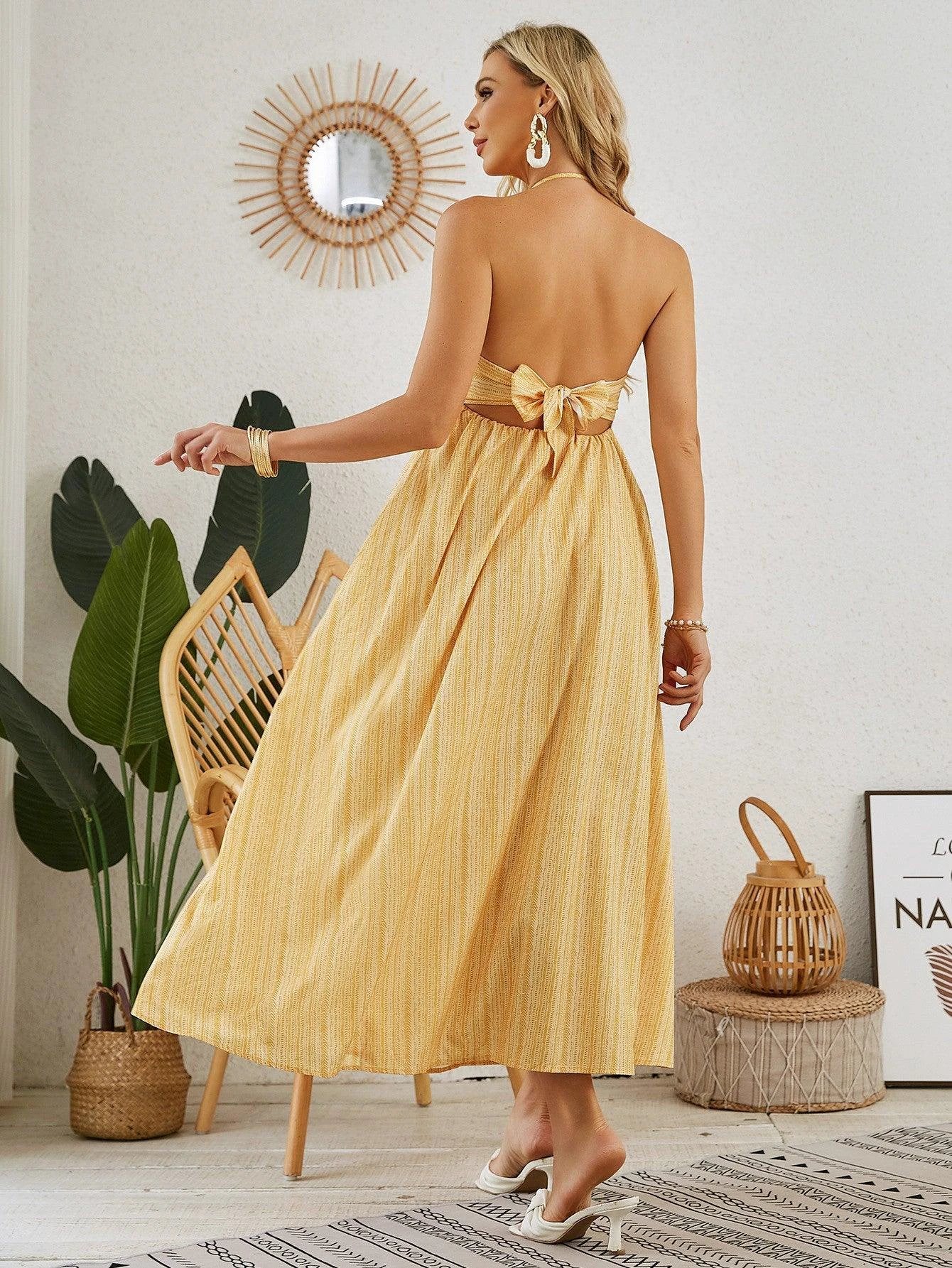 Mandotos women's bohemian halter maxi dress with sleeveless, flowy design, perfect for summer beachwear and casual outings.