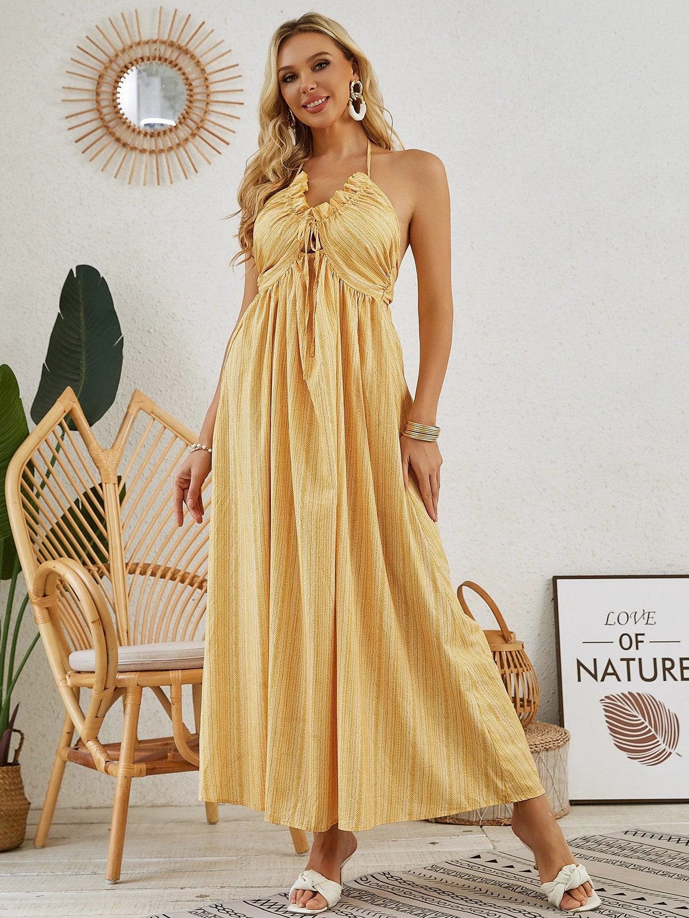 Mandotos bohemian halter maxi dress for women, sleeveless and flowy, perfect for summer beach outings.