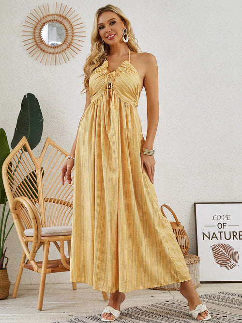 Mandotos bohemian halter maxi dress for women, sleeveless and flowy, perfect for summer beach outings.