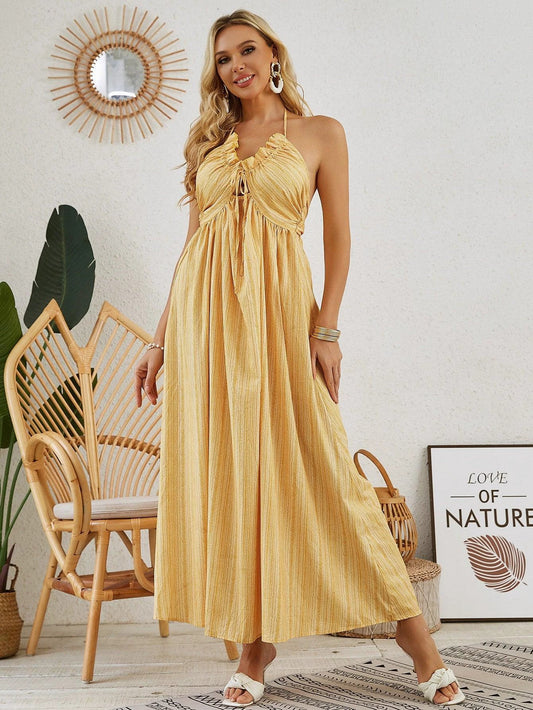Mandotos bohemian halter maxi dress for women, sleeveless and flowy, perfect for summer beach outings.