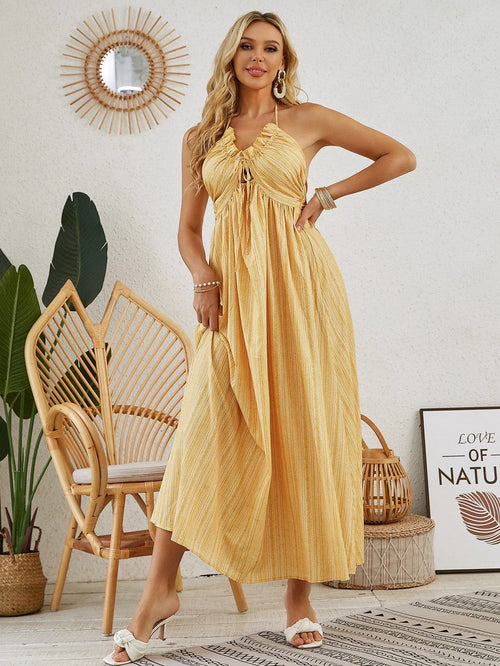 Mandotos women's bohemian halter maxi dress, sleeveless and flowy, perfect for summer beachwear.