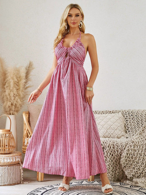 Mandotos bohemian halter maxi dress for women, sleeveless and flowy, perfect for summer beachwear.