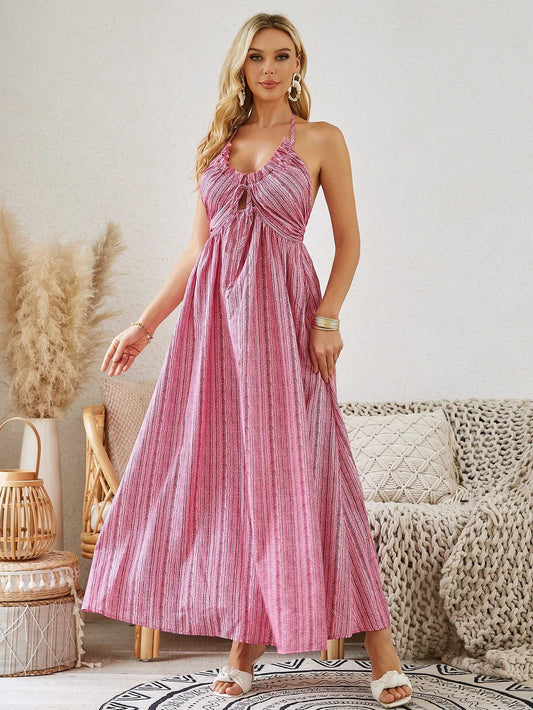 Mandotos bohemian halter maxi dress for women, sleeveless and flowy, perfect for summer beachwear.