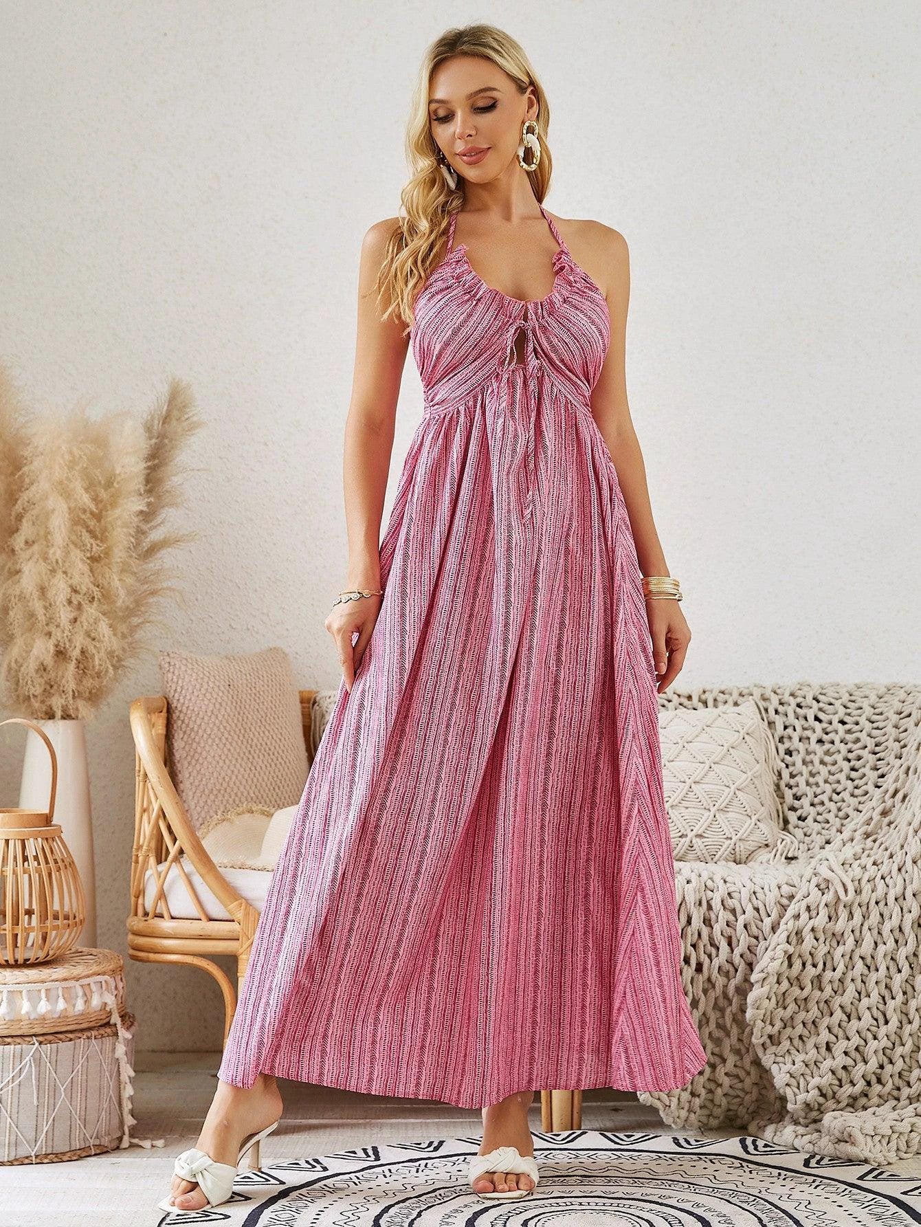 Mandotos women's bohemian halter maxi dress, sleeveless and flowy, perfect for summer beachwear and casual outdoor occasions.