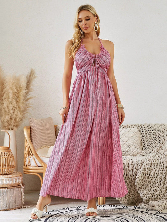 Mandotos women's bohemian halter maxi dress, sleeveless and flowy, perfect for summer beachwear and casual outdoor occasions.
