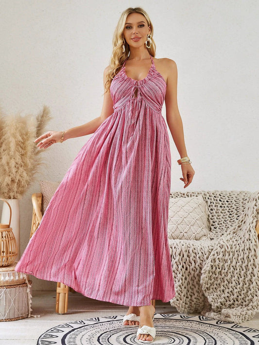 Mandotos women's bohemian halter maxi dress, sleeveless and flowy, perfect for summer beachwear and casual outdoor outings.
