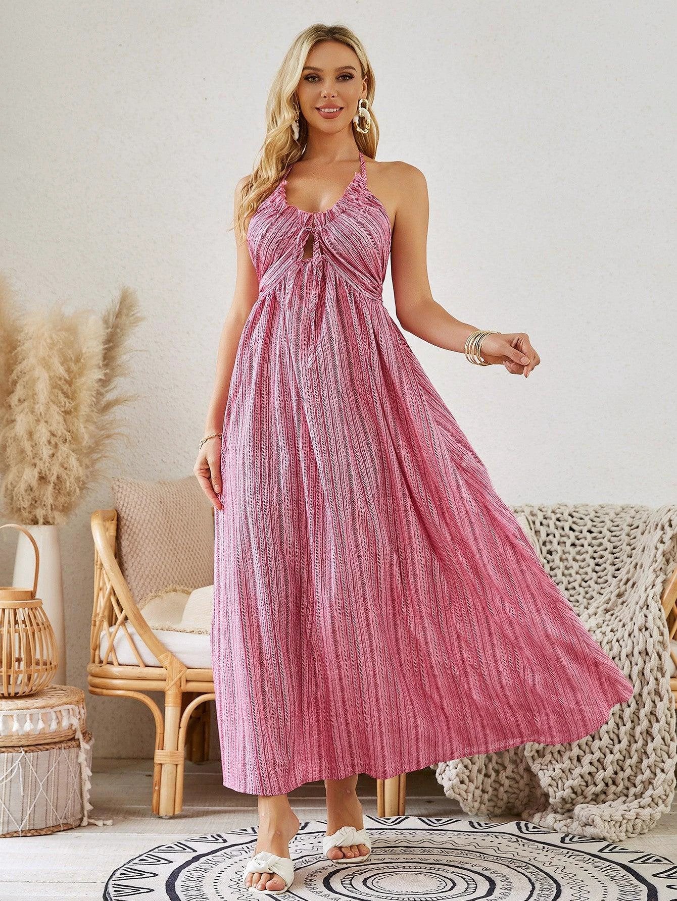 Mandotos bohemian halter maxi dress for women, sleeveless and flowy, perfect for summer beachwear.