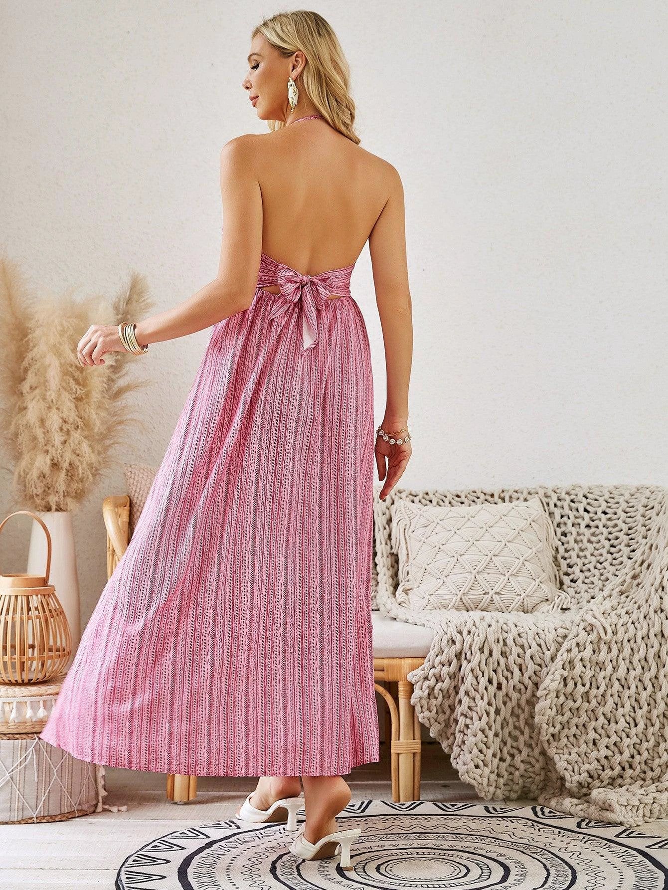 Mandotos bohemian halter maxi dress for women, sleeveless and flowy, perfect for summer beachwear and casual outdoor outings.