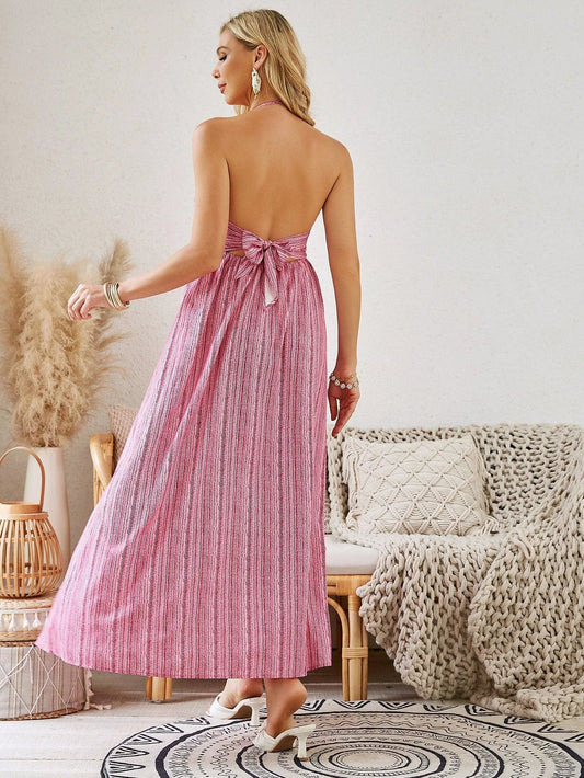 Mandotos bohemian halter maxi dress for women, sleeveless and flowy, perfect for summer beachwear and casual outdoor outings.