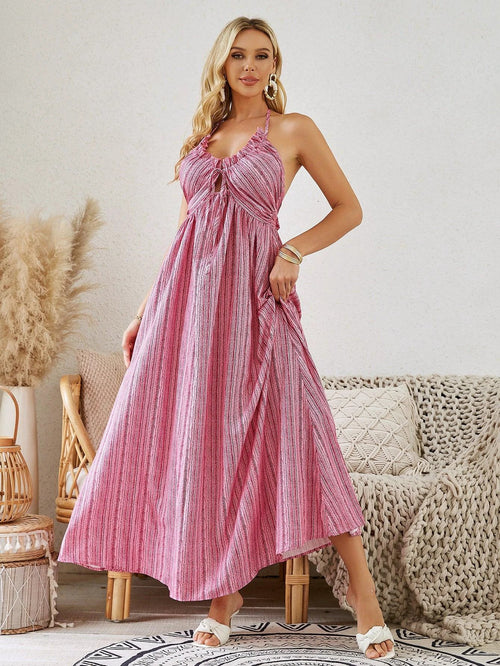 Mandotos bohemian halter maxi dress for women, sleeveless and flowy beach dress perfect for summer.