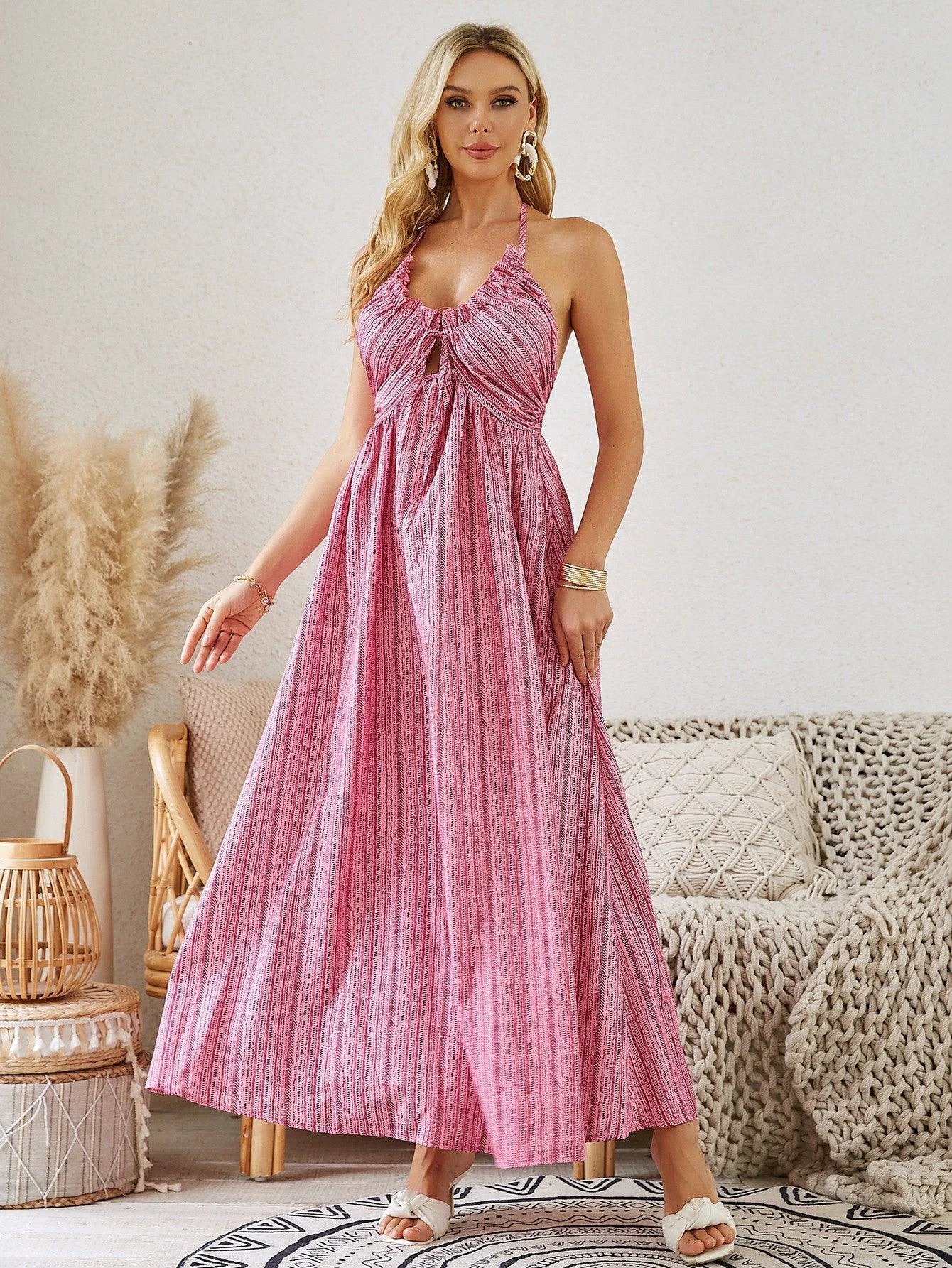 Mandotos women's bohemian halter maxi dress with sleeveless, flowy design, perfect for summer beachwear and casual outings.