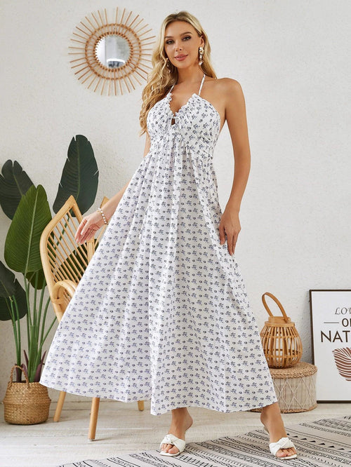 Mandotos bohemian halter maxi dress for women, sleeveless and flowy beach dress perfect for summer.