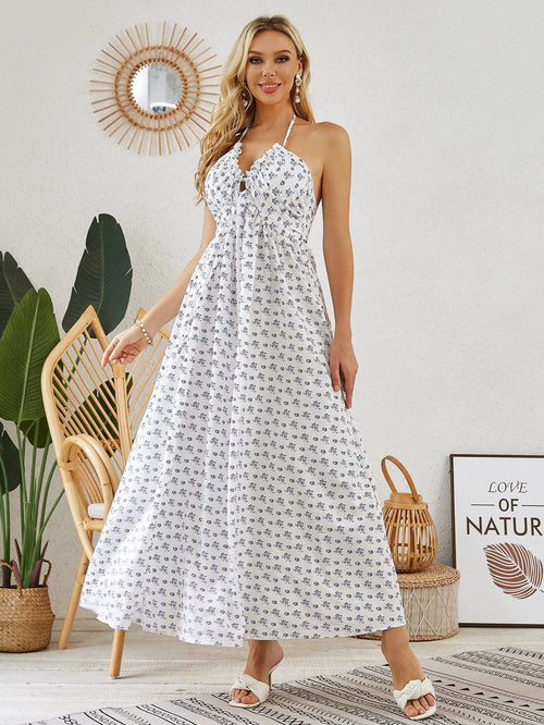 Mandotos bohemian halter maxi dress for women, sleeveless and flowy, ideal for summer beachwear with a relaxed boho style.